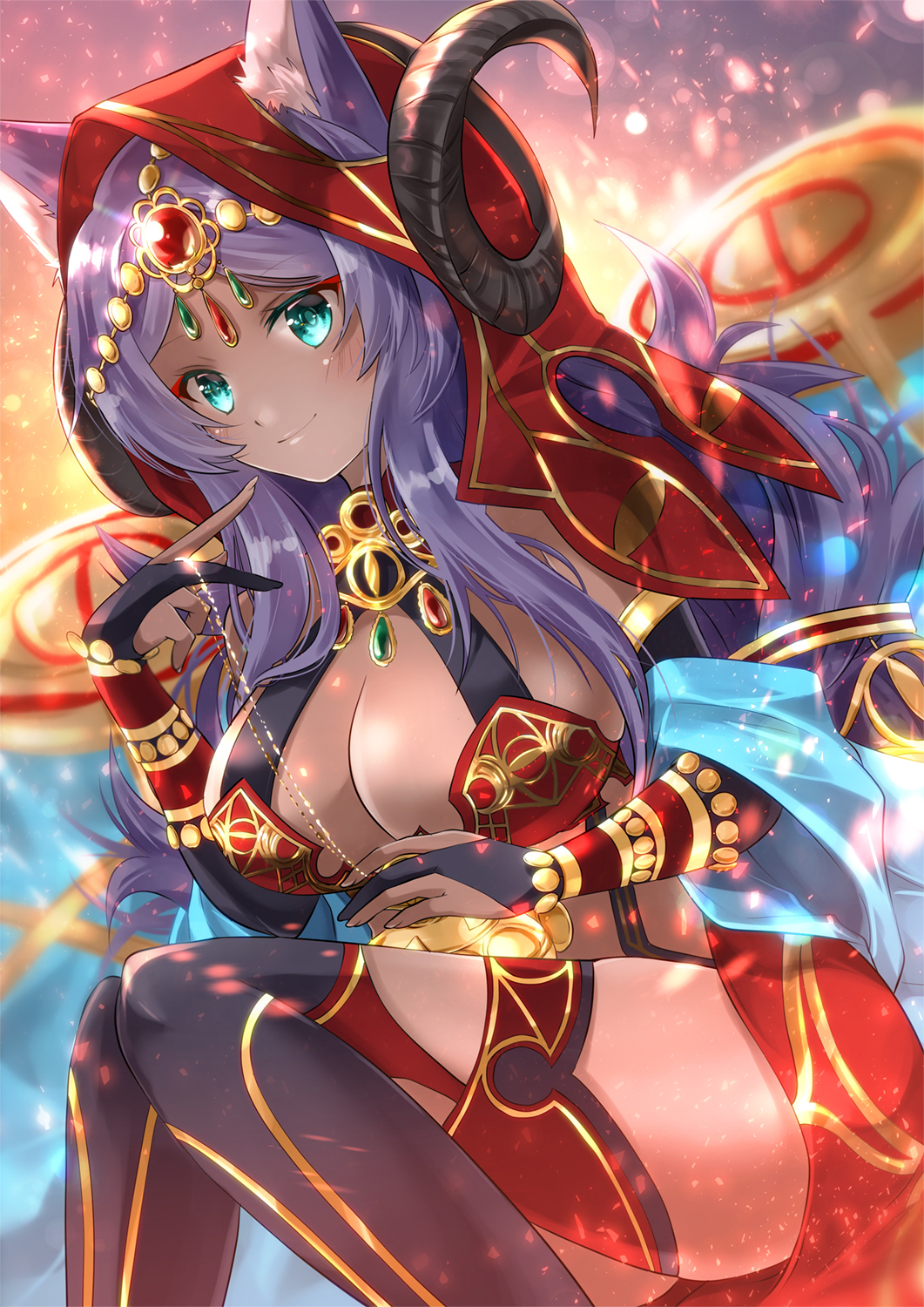 animal_ears aqua_eyes breasts bridal_gauntlets cleavage commentary_request curled_horns dark_skin ears_through_headwear elbow_gloves fate/grand_order fate_(series) gem gloves gold head_chain highres hood horns iroha_(shiki) jewelry large_breasts long_hair looking_at_viewer purple_hair queen_of_sheba_(fate/grand_order) revealing_clothes revision smile solo thighhighs