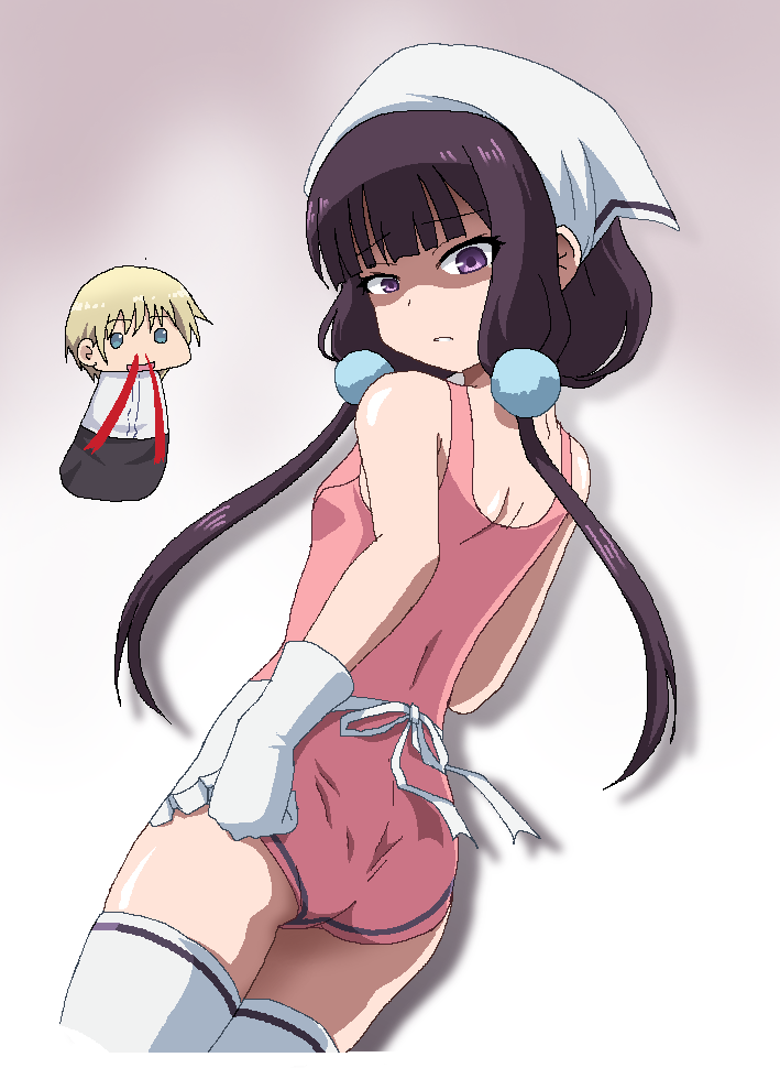 1boy 1girl apron ass bare_shoulders beads blend_s blonde_hair blood breasts cowboy_shot dino_(blend_s) eyebrows_visible_through_hair full_body gloves hair_beads head_scarf long_hair looking_at_viewer looking_back one-piece_swimsuit open_mouth pink_swimsuit sakuranomiya_maika shaded_face simakosama3060 small_breasts sswimsuit thighhighs