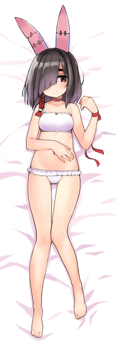 animal_ears ass_visible_through_thighs azur_lane bags_under_eyes bare_arms bare_legs bare_shoulders barefoot bed_sheet black_hair bow bow_bra bra breasts bunny_ears choker collarbone dakimakura fake_animal_ears frilled_panties frills full_body groin hair_over_one_eye legs legs_apart looking_away looking_to_the_side midriff moru_(monaka) navel panties red_bow red_choker red_eyes shiranui_(azur_lane) short_hair small_breasts solo sports_bra stomach thick_eyebrows underwear white_bra white_panties wristband