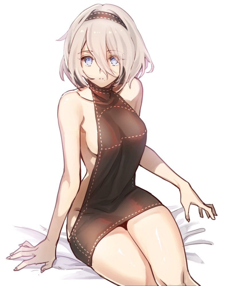 arm_support backless_outfit bare_back blue_eyes blush breasts collarbone dress eyebrows_visible_through_hair eyes_visible_through_hair hair_between_eyes hairband looking_at_viewer medium_breasts meme_attire mole mole_under_mouth naked_sweater nier_(series) nier_automata ninto no_blindfold parted_lips shiny shiny_skin short_hair sideboob silver_hair solo sweater sweater_dress thighs turtleneck turtleneck_sweater virgin_killer_sweater white_background yorha_no._2_type_b
