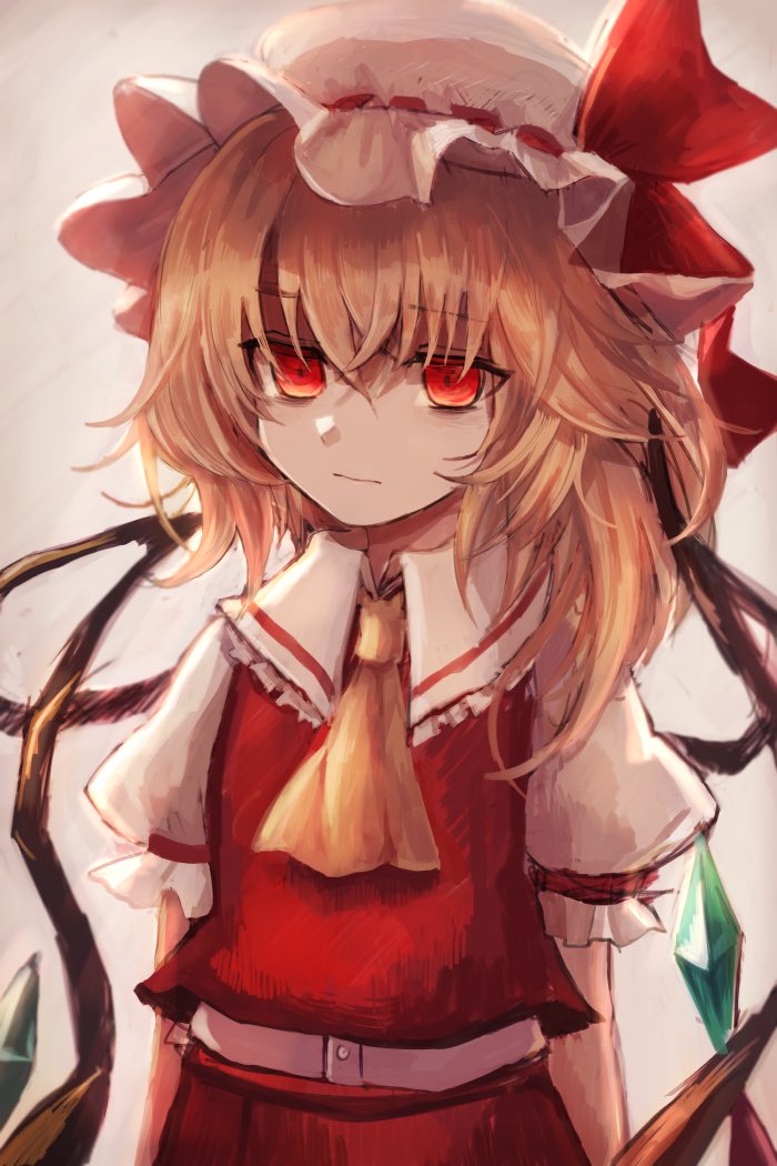ascot blonde_hair bow commentary_request flandre_scarlet hat hat_bow maho_moco mob_cap puffy_short_sleeves puffy_sleeves red_bow red_eyes red_shirt red_skirt shirt short_sleeves side_ponytail skirt touhou white_background wings yellow_neckwear