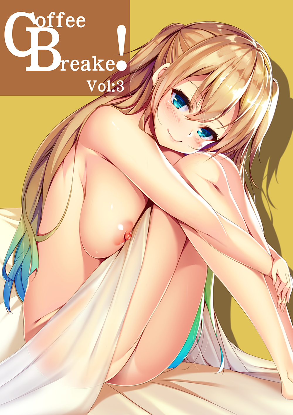 bangs barefoot bed_sheet blanket blonde_hair blue_eyes blue_hair blush breast_press breasts closed_mouth english from_side gabao. gradient_hair groin highres knees_to_chest knees_up large_breasts leg_hug lips long_hair looking_at_viewer looking_to_the_side md5_mismatch multicolored_hair nipples nude original shiny shiny_hair shiny_skin simple_background sitting smile solo very_long_hair yellow_background