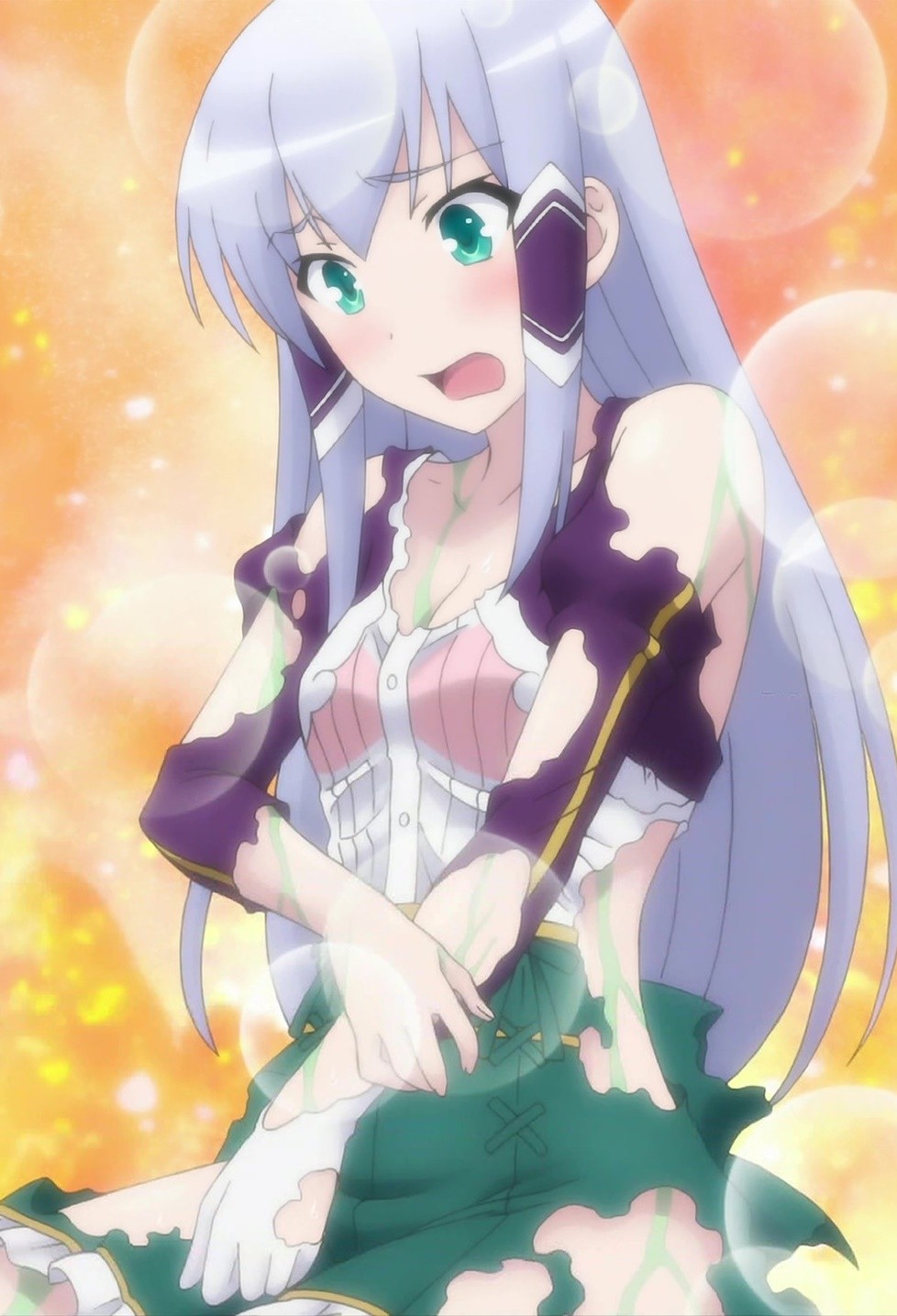 1girl blush bra breasts cleavage else_shileska green_eyes isekai_wa_smartphone_to_tomo_ni. long_hair open_mouth screencap see-through slime stitched torn_clothes wet_clothes