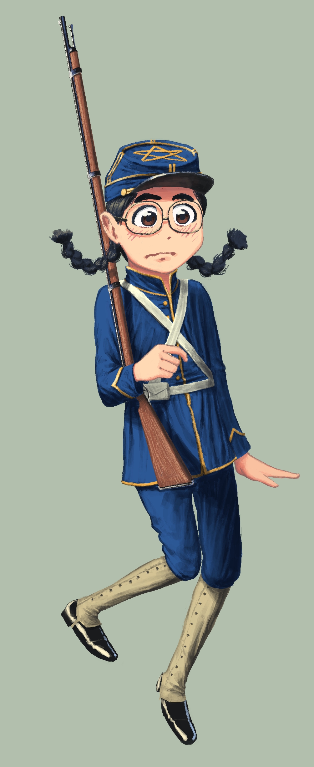 absurdres axiaterraartunion black_hair boshin_war braid brown_eyes commentary glasses green_background gun hat highres history japanese_clothes jumping military military_hat military_uniform original pants rifle scared short_hair simple_background solo surprised twin_braids uniform weapon