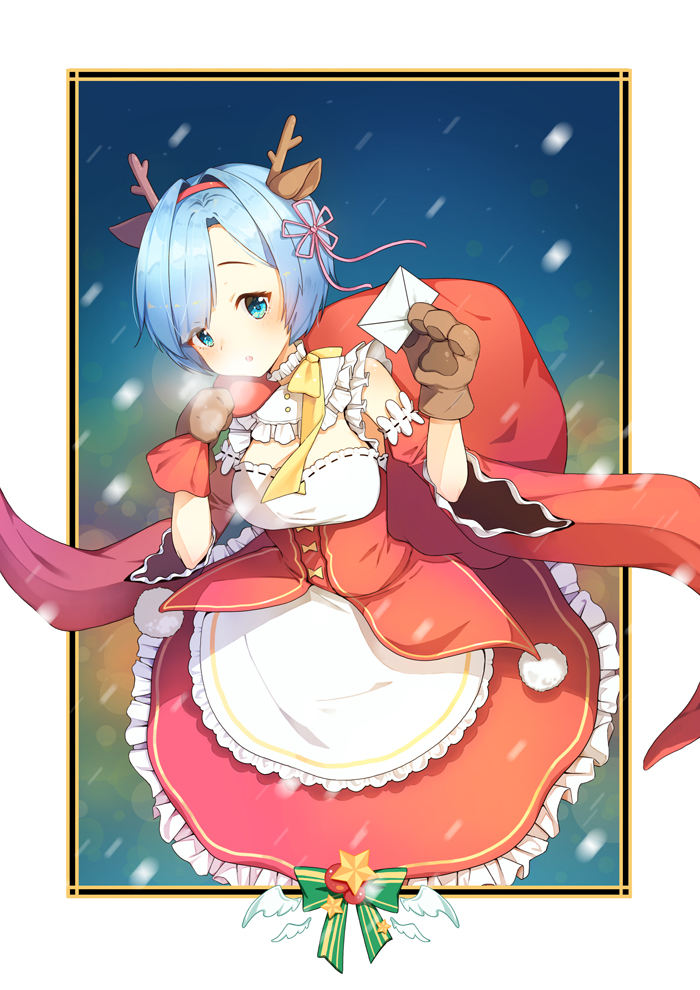 adapted_costume animal_ears antlers bad_id bad_pixiv_id bag blue_eyes blue_hair breasts breath brown_gloves christmas commentary detached_collar detached_sleeves dress eyes_visible_through_hair frilled_dress frills gloves hairband holding holding_bag holding_letter medium_breasts open_mouth outside_border paw_gloves paws pink_ribbon re:zero_kara_hajimeru_isekai_seikatsu red_hairband reindeer_antlers reindeer_ears rem_(re:zero) ribbon short_hair snowflakes solo standing star tp_(kido_94) wide_sleeves wind