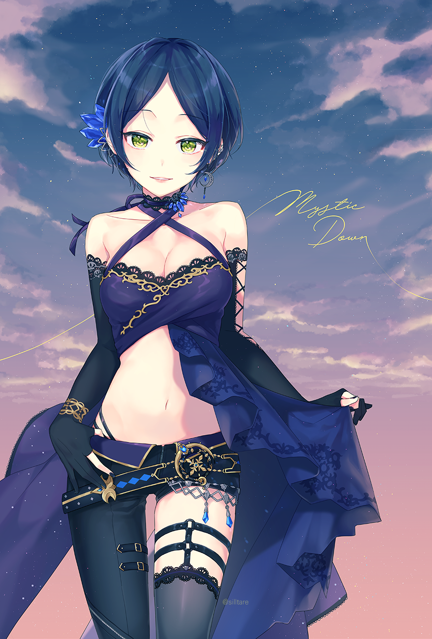 asymmetrical_clothes bangs bare_shoulders belt black_gloves black_nails black_pants bracelet breasts cleavage cloud collarbone cowboy_shot criss-cross_halter earrings elbow_gloves english eyebrows_visible_through_hair gloves gradient_sky halterneck hand_on_hip hayami_kanade highres idolmaster idolmaster_cinderella_girls idolmaster_cinderella_girls_starlight_stage jewelry lace_trim lips looking_at_viewer medium_breasts nail_polish navel outdoors pants parted_bangs parted_lips partly_fingerless_gloves silltare single_pantsleg single_thighhigh sky smile solo standing star_(sky) starry_sky stomach thigh_strap thighhighs thong twilight twitter_username