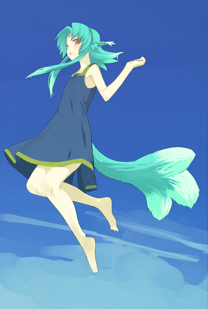 :o animal_ears barefoot blue_background blue_dress blue_hair blue_sky carbuncle_(final_fantasy) cloud commentary_request day dress facial_mark final_fantasy forehead_mark full_body jumping open_mouth original outdoors pen_(pen3) personification red_eyes sky solo tail