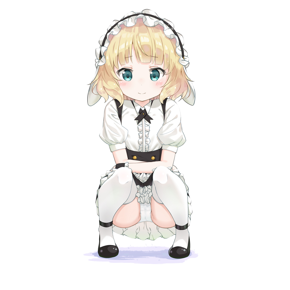 animal_ears apron aqua_eyes bad_id bad_pixiv_id bangs black_footwear black_neckwear black_skirt blonde_hair blunt_bangs blush bolo_tie bunny_ears cameltoe center_frills closed_mouth collared_shirt enpu_(ufo) eyebrows_visible_through_hair fake_animal_ears flat_chest fleur_de_lapin_uniform floppy_ears foreshortening frilled_apron frilled_cuffs frilled_shirt frills full_body gochuumon_wa_usagi_desu_ka? kirima_sharo looking_at_viewer maid_headdress mary_janes miniskirt panties puffy_short_sleeves puffy_sleeves shirt shoes short_hair short_sleeves simple_background skirt smile solo squatting thighhighs underbust underwear waist_apron wavy_hair white_apron white_background white_legwear white_panties white_shirt wing_collar wrist_cuffs