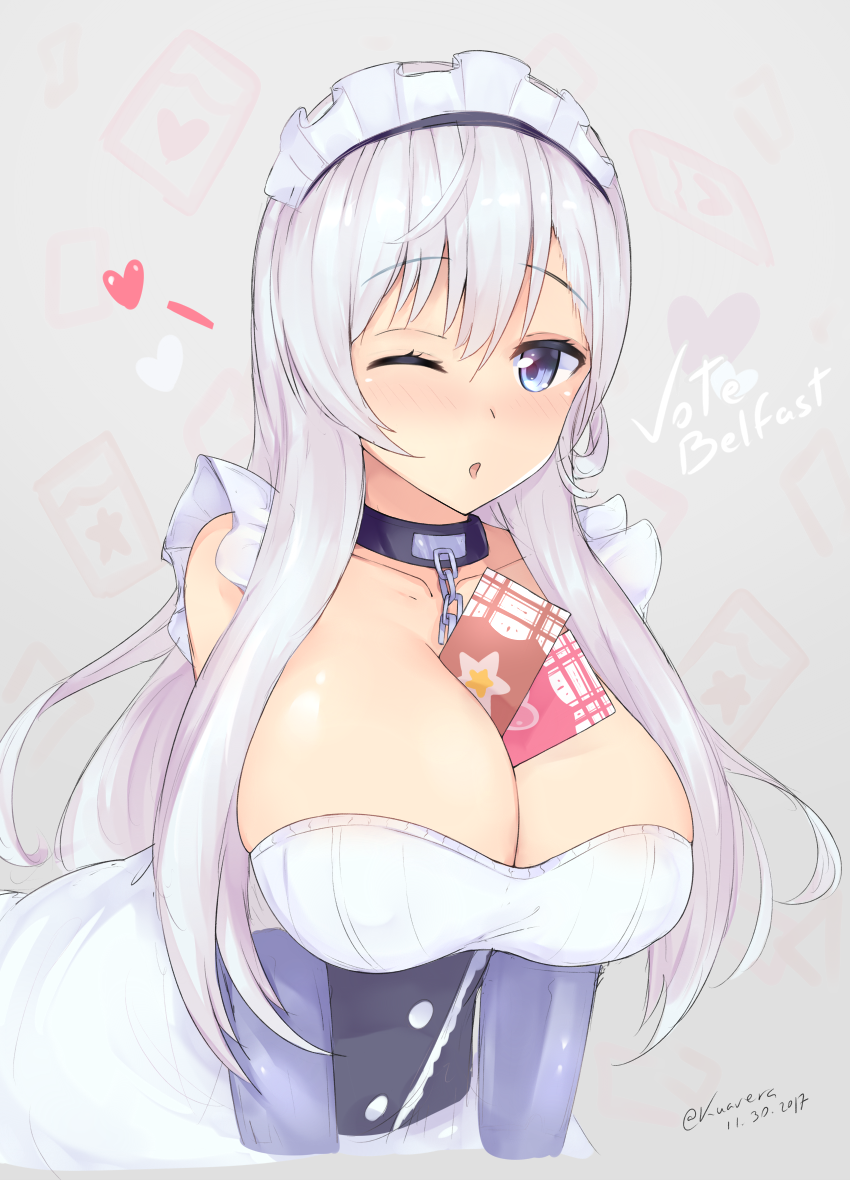 azur_lane belfast_(azur_lane) between_breasts blue_eyes blue_gloves blush breasts broken broken_chain chain cleavage collar dated elbow_gloves eyebrows_visible_through_hair gloves grey_background hair_between_eyes heart huge_breasts kuavera long_hair looking_at_viewer maid maid_headdress metal_collar one_eye_closed open_mouth silver_hair simple_background smile solo twitter_username underbust upper_body