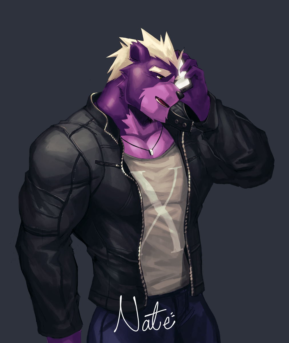 2017 anthro bear biceps big_muscles black_nose claws clothing fangs fur grey_background hair hi_res jacket jewelry kuron male mammal muscular muscular_male necklace open_jacket open_mouth pants pecs phone purple_fur ring shirt simple_background smile solo standing teeth white_hair yellow_eyes
