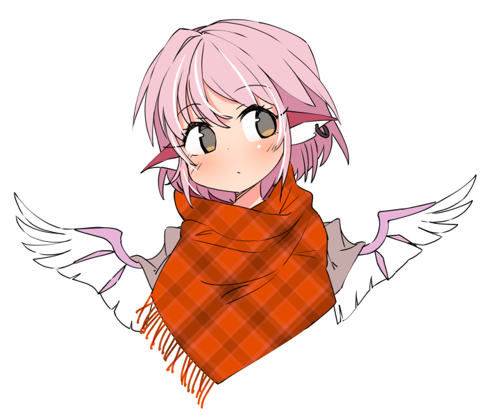 animal_ears bangs blush brown_eyes closed_mouth earrings eyebrows_visible_through_hair ini_(inunabe00) jewelry looking_to_the_side mystia_lorelei no_hat no_headwear orange_scarf pink_hair plaid plaid_scarf scarf short_hair simple_background solo touhou upper_body white_background wings