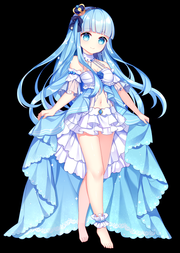 ankle_garter bangs barefoot black_background blue_dress blue_eyes blue_hair blunt_bangs breasts chuor_(chuochuoi) cleavage closed_mouth detached_collar dress eyebrows_visible_through_hair halterneck head_tilt layered_skirt legs long_hair medium_breasts navel original see-through short_sleeves simple_background skirt skirt_hold smile solo standing tiptoes very_long_hair white_skirt