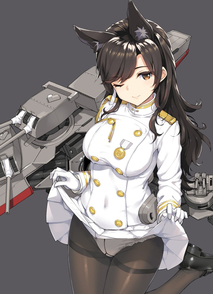 animal_ears atago_(azur_lane) azur_lane bangs black_hair black_legwear blush breasts brown_eyes closed_mouth commentary_request cosplay extra_ears gloves gusset large_breasts long_hair looking_at_viewer machinery military military_uniform miniskirt mole mole_under_eye one_eye_closed panties panties_under_pantyhose pantyhose pleated_skirt ribbon skirt skirt_lift smile solo swept_bangs takao_(azur_lane) takao_(azur_lane)_(cosplay) takayaki thighband_pantyhose turret underwear uniform white_gloves white_panties white_ribbon