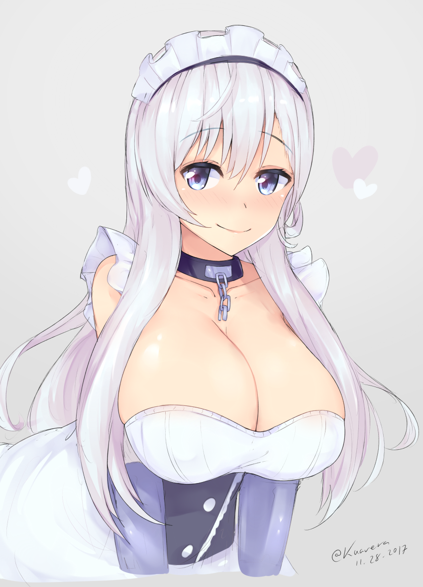 azur_lane belfast_(azur_lane) blue_eyes blue_gloves blush breasts chain cleavage closed_mouth collar dated elbow_gloves gloves grey_background hair_between_eyes heart huge_breasts kuavera long_hair looking_at_viewer maid maid_headdress metal_collar silver_hair simple_background smile solo twitter_username upper_body
