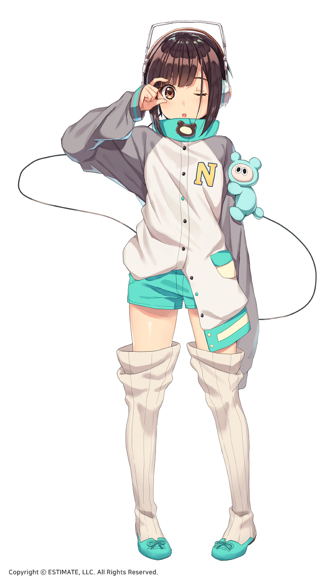 ;o aqua_shorts arm_up bangs blunt_bangs blush boots brown_eyes brown_hair buttons cable full_body headphones jacket kim_bae-eo legs_apart letterman_jacket long_sleeves looking_at_viewer official_art one_eye_closed open_mouth oversized_clothes partially_unbuttoned pigeon-toed pocket raglan_sleeves short_hair shorts sidelocks simple_background sleeves_past_wrists solo standing striped stuffed_toy thigh_boots thighhighs vertical_stripes very_long_sleeves vocaloid white_background white_footwear white_jacket yumemi_nemu_(vocaloid)