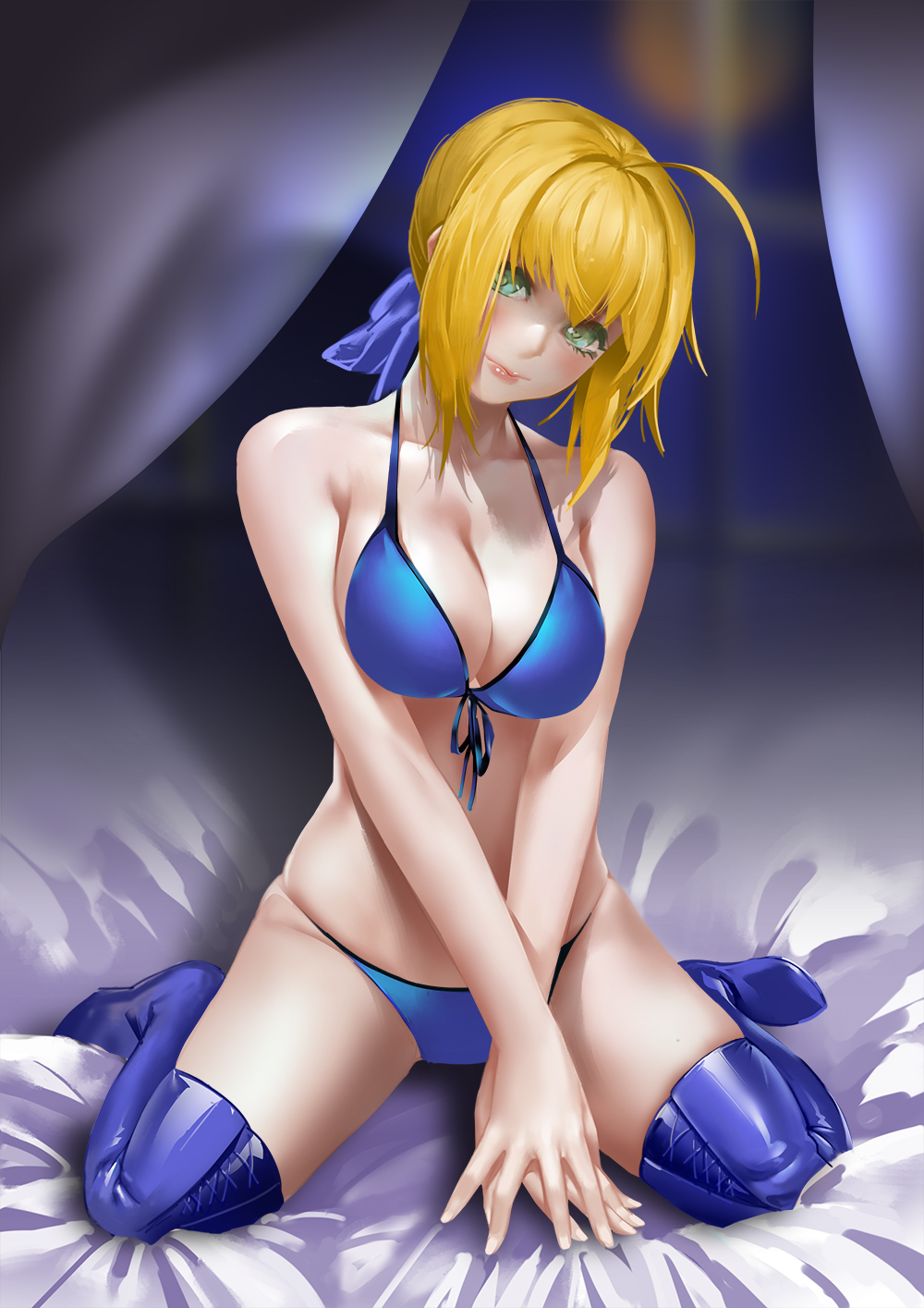 ahoge alternate_breast_size artoria_pendragon_(all) bangs bed_sheet blonde_hair blue_bra blue_legwear blue_panties blue_ribbon bra breasts cleavage closed_mouth collarbone curtains fate/stay_night fate_(series) full_body green_eyes hair_ribbon highres hq19910119 lips looking_at_viewer no_shoes own_hands_together panties ribbon saber short_hair sidelocks sitting skindentation smile solo thighhighs underwear underwear_only v_arms wariza
