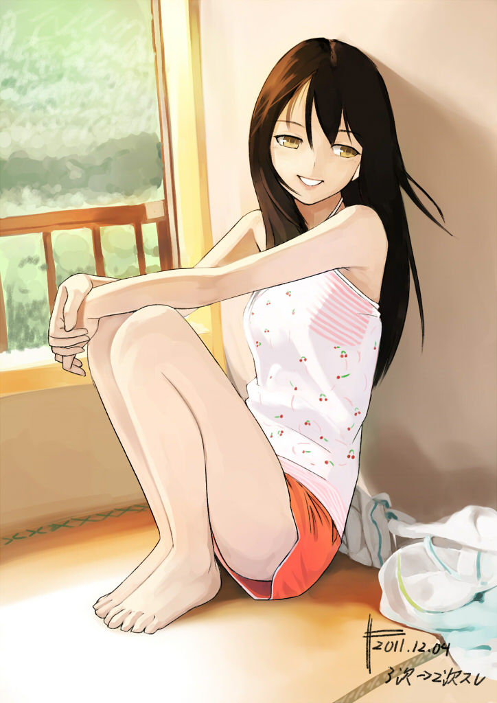 against_wall bare_arms bare_legs bare_shoulders barefoot boyshorts brown_hair camisole dated day indoors legs_together long_hair looking_to_the_side original pen_(pen3) pink_lips signature sitting smile solo window yellow_eyes