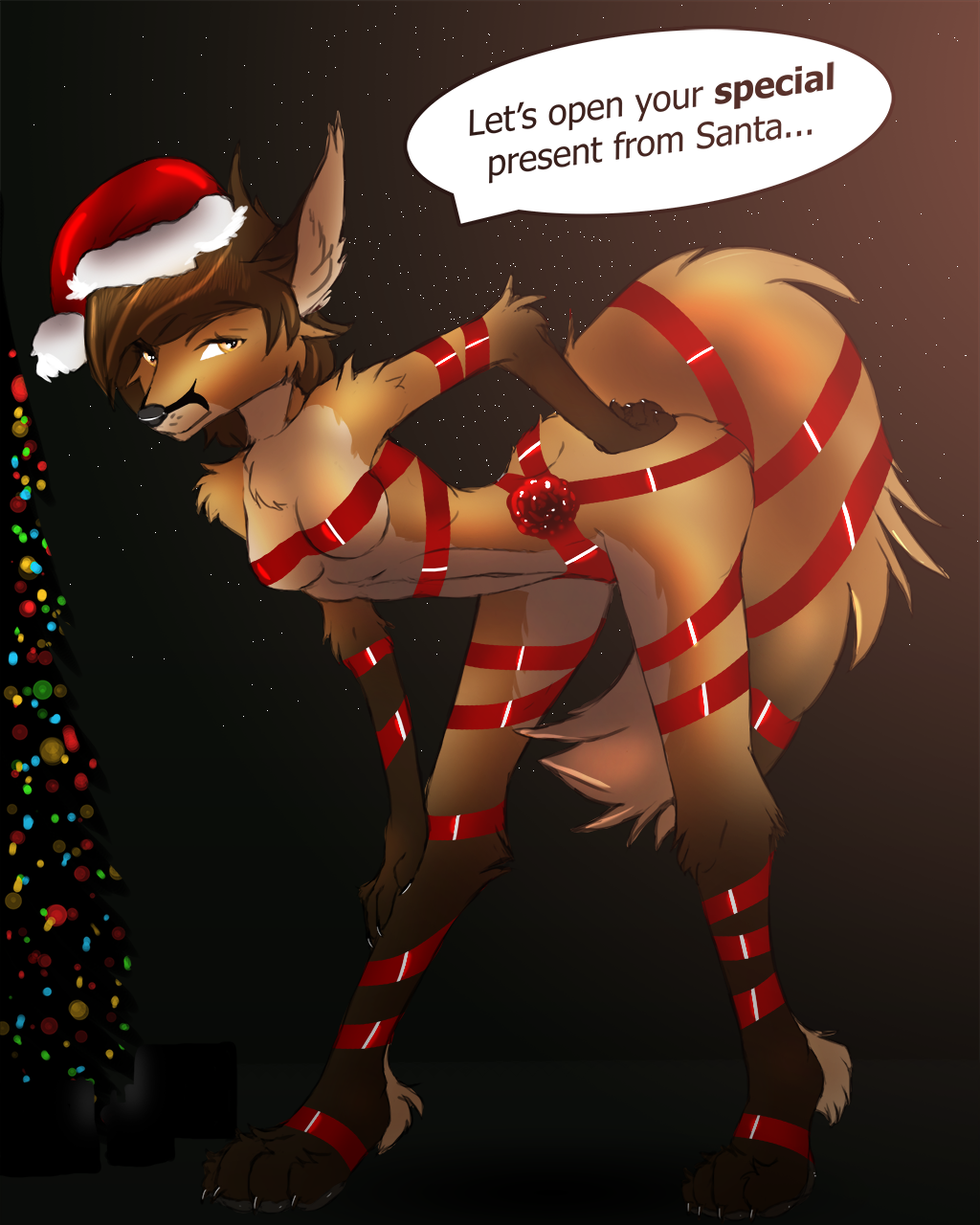2017 amber_eyes anthro bdsm bondage bound breasts brown_hair butt canine christmas christmas_tree english_text female fox fur gift hair hat holidays looking_at_viewer mammal pose ribbons ruth66 santa_hat short_hair solo speech_bubble text tree