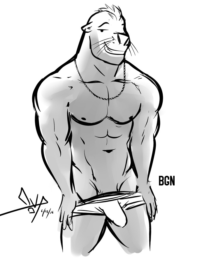 2016 abs anthro bgn biceps biped bulge clothed clothing digital_media_(artwork) eyebrows front_view greyscale grin hair jewelry looking_at_viewer male mammal marine mendo_(bgn) monochrome muscular muscular_male navel necklace nipples pecs pinniped portrait sea_lion short_hair signature simple_background smile solo standing teasing teeth three-quarter_portrait underwear undressing whiskers white_background