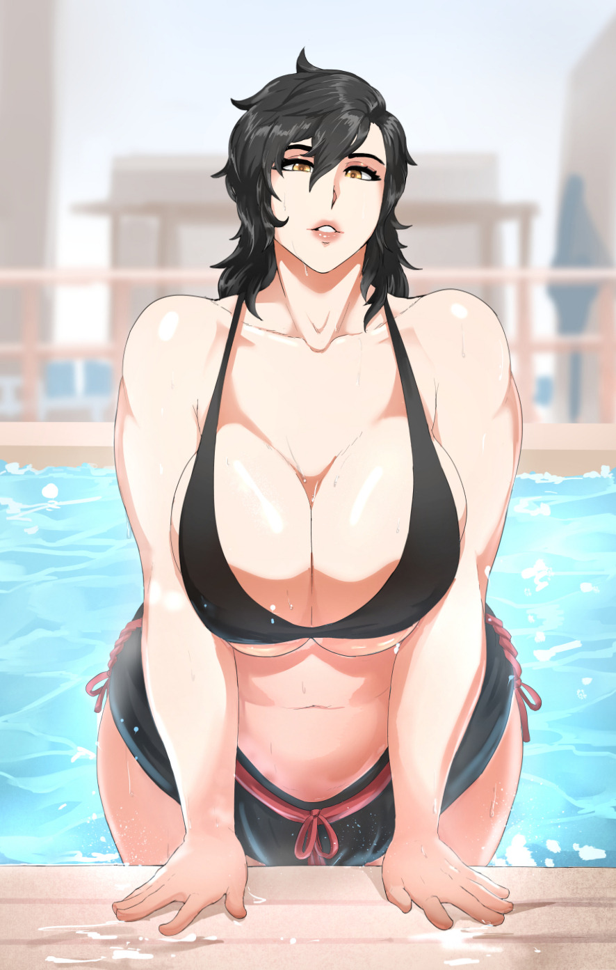 1girl black_hair breasts brown_eyes cleavage curvy donaught huge_breasts looking_at_viewer navel parted_lips plump smile solo swimming_pool wide_hips