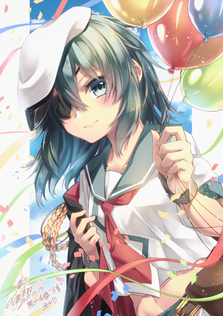 balloon belt_buckle belt_pouch blue_sky blush breasts buckle closed_mouth collarbone confetti dutch_angle eyepatch flat_cap green_eyes green_hair hair_between_eyes hat highres holding kantai_collection kiso_(kantai_collection) light_particles long_hair looking_back midriff navel neckerchief one_eye_covered outside_border pouch red_neckwear remodel_(kantai_collection) school_uniform serafuku shirt short_sleeves signature sky small_breasts smile solo upper_body white_hat white_shirt wristband yuihira_asu