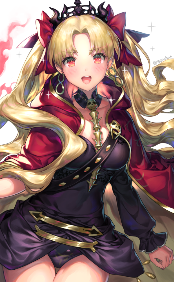 bangs black_dress black_leotard blonde_hair blush breasts cape chain collarbone commentary_request detached_collar dress earrings ereshkigal_(fate/grand_order) fate/grand_order fate_(series) hair_ribbon hips jewelry leotard long_hair looking_at_viewer medium_breasts open_mouth parted_bangs red_cape red_eyes red_ribbon ribbon senchat simple_background single_sleeve skull solo sparkle spine tiara two_side_up white_background