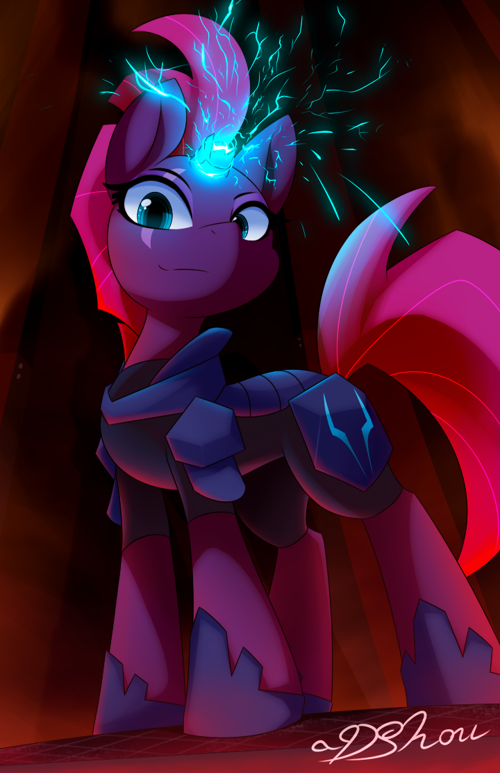 2017 armor broken_horn cute dshou equine eye_scar eyebrows eyelashes female fizzlepop_berrytwist_(mlp) friendship_is_magic hair horn inside looking_at_viewer magic makeup mammal mascara my_little_pony pink_hair pose scar signature smile solo sparks teal_eyes tempest_shadow_(mlp) text unicorn