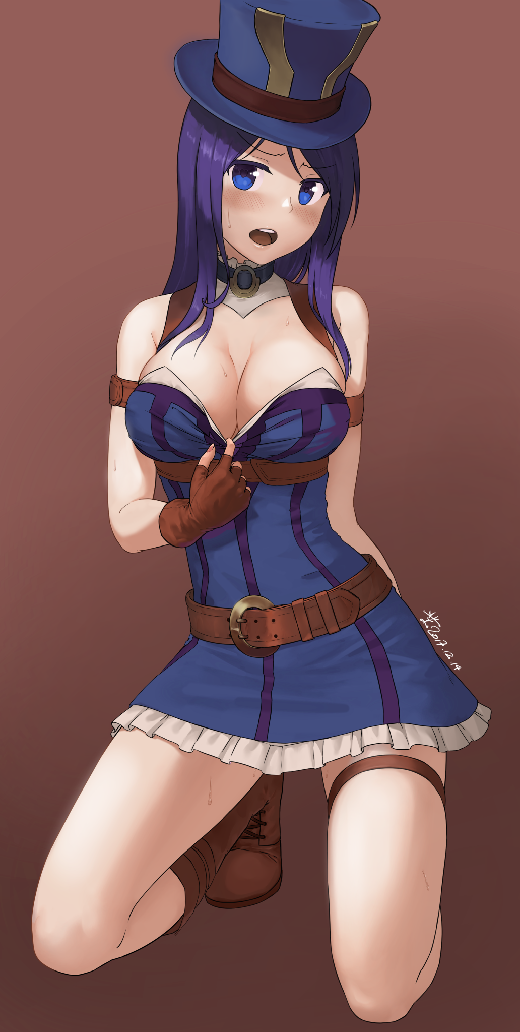 arm_behind_back arm_strap bangs bare_shoulders belt belt_buckle blue_eyes blush boots breasts brown_background brown_footwear brown_gloves buckle caitlyn_(league_of_legends) cleavage dated dress dress_pull fingerless_gloves full_body gloves hat highres knee_boots kneeling large_breasts league_of_legends looking_at_viewer mr_yah nose_blush open_mouth parted_bangs pulled_by_self round_teeth signature simple_background solo strapless strapless_dress sweat teeth thigh_strap thighs top_hat underbust v-shaped_eyebrows