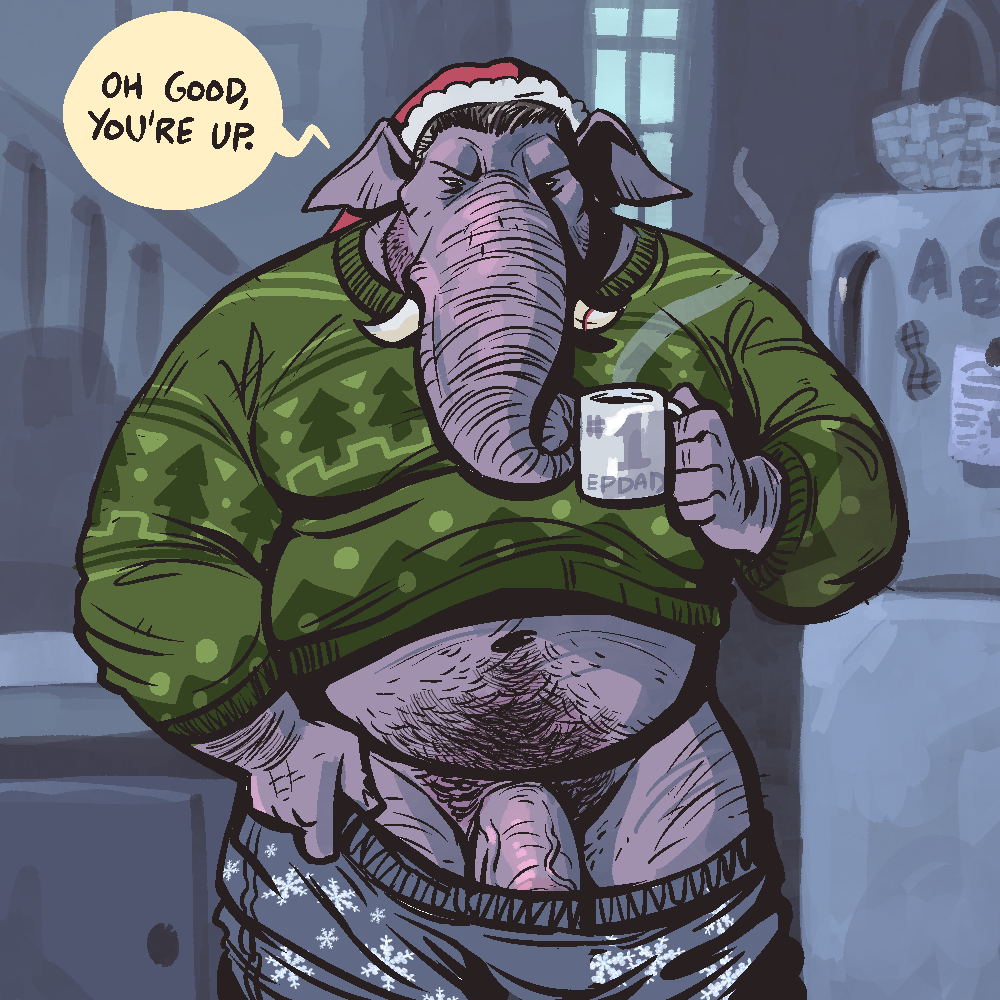 2017 5_fingers anthro arm_hair basket beard black_hair blue_bottomwear christmas clothed clothing cup dialogue dramamine elephant facial_hair fridge front_view green_topwear grey_penis grey_skin hair hairy half-erect hat holding_object holidays humanoid_hands humanoid_penis inside kitchen leg_hair looking_down male mammal navel overweight overweight_male pants_down partially_clothed penis pubes raised_shirt santa_hat solo standing steam thick_thighs truck tusks vehicle vein veiny_penis window