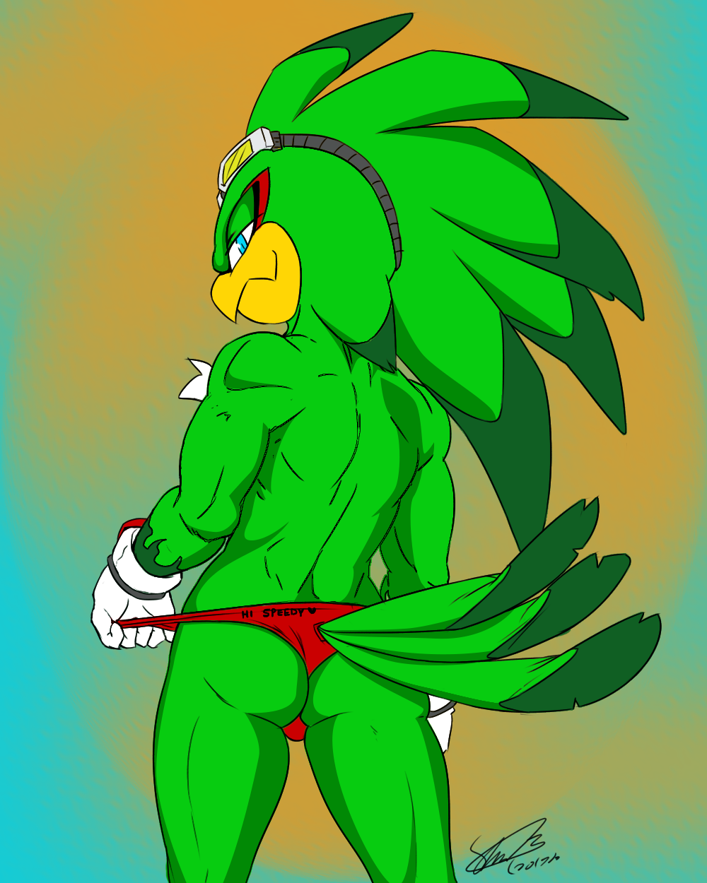 anthro anthrofied avian back_muscles ballsack_outline bird butt clothed clothing eyewear feathers gloves goggles goggles_on_forehead goggles_on_head hawk headwear hi_res jet_the_hawk line_art looking_back male muscular muscular_male naughty_face rear_view signature soina solo sonic_(series) sonic_riders speedo standing swimsuit thong tight_clothing topless underwear underwear_pull