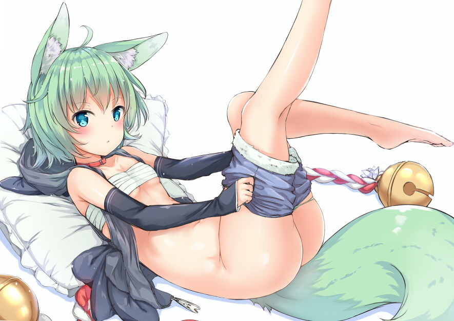 animal_ears ass bare_shoulders barefoot bell blue_eyes breasts collar detached_sleeves fox_ears fox_girl fox_tail green_hair jingle_bell legs_up looking_at_viewer lying navel on_back original panties panty_pull pillow rope sarashi shorts shorts_pull simple_background small_breasts solo tail underwear white_background yukishiro_arute