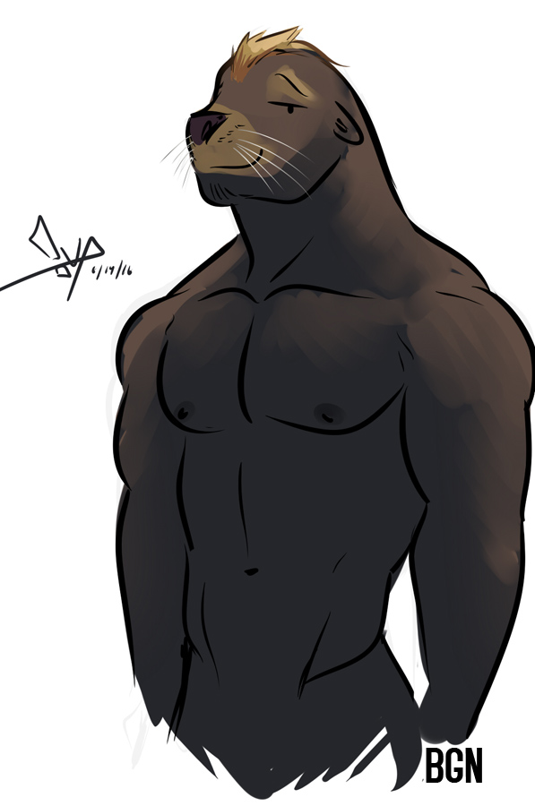 2016 abs anthro bgn biped black_eyes brown_fur brown_hair brown_nipples digital_media_(artwork) eyebrows front_view fur grey_nose hair half-length_portrait looking_at_viewer male mammal marine mendo_(bgn) muscular muscular_male navel nipples nude pecs pinniped portrait sea_lion short_hair signature simple_background smile solo whiskers white_background