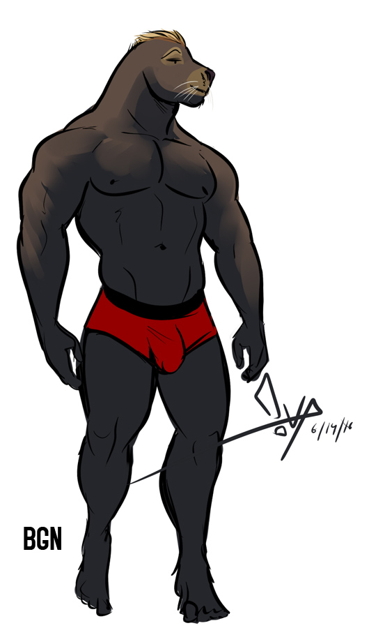 2016 abs anthro barefoot bgn biceps biped black_nipples boxers_(clothing) brown_fur brown_hair bulge clothed clothing digital_media_(artwork) front_view full-length_portrait fur hair male mammal marine mendo_(bgn) muscular muscular_male navel nipples pecs pinniped portrait red_bottomwear red_clothing red_underwear sea_lion short_hair signature simple_background solo standing topless underwear whiskers white_background