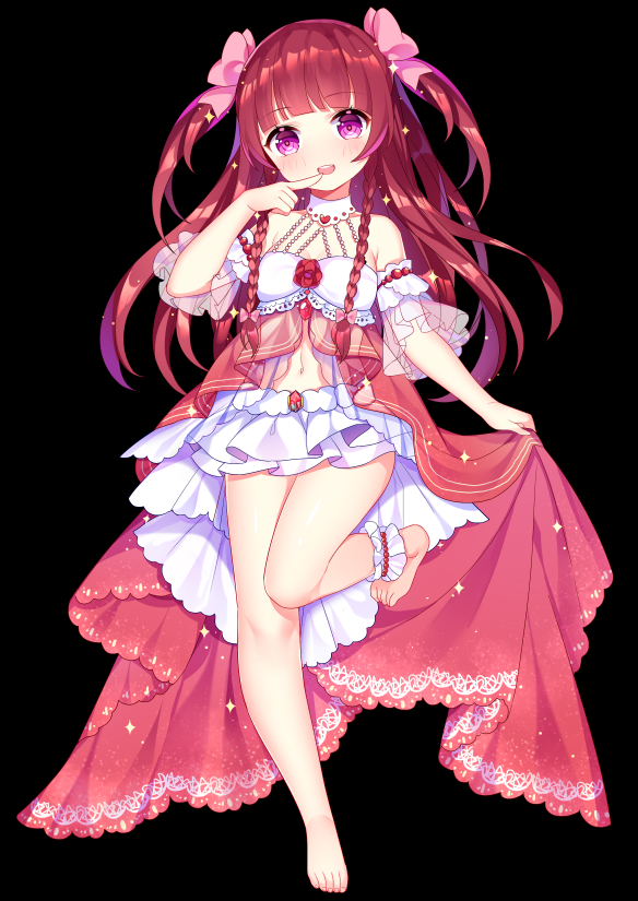 :d ankle_garter barefoot black_background blush bow brown_hair chuor_(chuochuoi) detached_collar dress finger_to_mouth hair_bow halterneck head_tilt layered_skirt legs long_hair looking_at_viewer open_mouth original pink_bow pink_dress purple_eyes see-through short_sleeves simple_background skirt smile solo standing standing_on_one_leg toenails two_side_up very_long_hair white_skirt