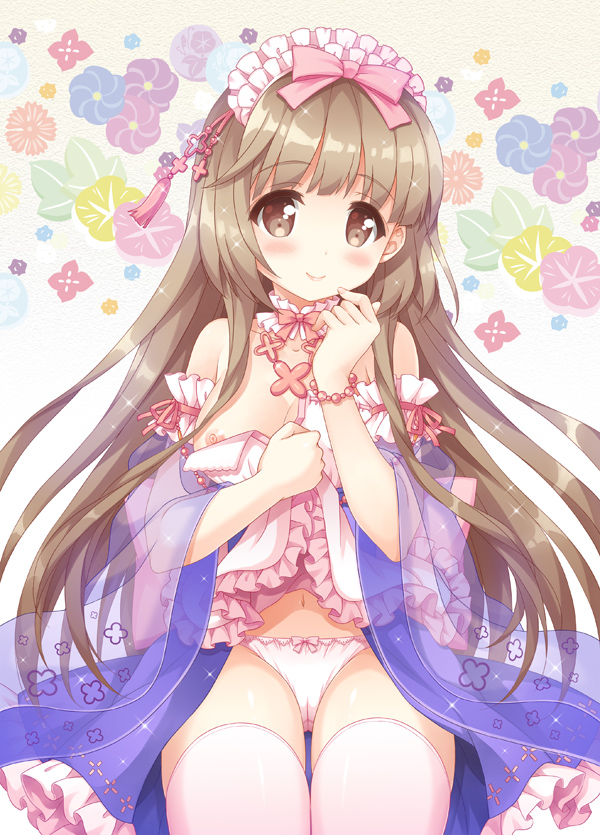 bangs bare_shoulders bead_bracelet beads blush bow bow_panties bracelet breasts brown_eyes brown_hair cameltoe closed_mouth commentary_request detached_sleeves eyebrows_visible_through_hair fingernails frilled_shirt frilled_skirt frills head_tilt idolmaster idolmaster_cinderella_girls idolmaster_cinderella_girls_starlight_stage jewelry long_hair long_sleeves looking_at_viewer medium_breasts nipples panties pink_bow purple_skirt sakura_chidori shirt skirt smile solo underwear very_long_hair white_panties white_shirt wide_sleeves yorita_yoshino