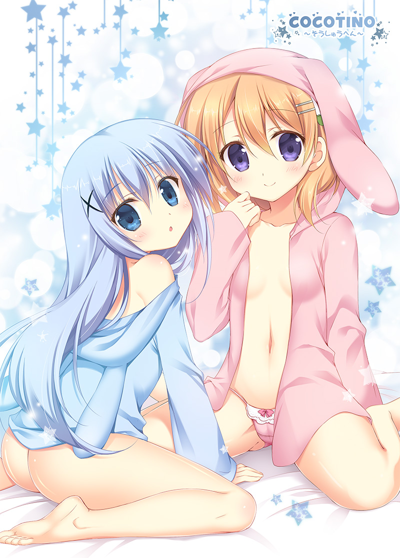 :o animal_hood aqua_hair arm_support ass bad_id bad_pixiv_id bangs bare_shoulders barefoot bed_sheet blue_eyes blue_hair blue_hoodie blush bottomless bow bow_panties breasts brown_hair bunny_hood cleavage closed_mouth commentary_request eyebrows_visible_through_hair gochuumon_wa_usagi_desu_ka? hair_between_eyes hair_ornament hairclip hairpin hand_to_own_mouth head_tilt hood hood_down hood_up hoto_cocoa jacket kafuu_chino korie_riko light_brown_hair long_hair long_sleeves looking_at_viewer looking_to_the_side multiple_girls navel panties parted_lips pink_hoodie pink_panties purple_eyes short_hair sitting sleeves_past_wrists small_breasts smile soles star string_panties toes underwear very_long_hair wariza x_hair_ornament