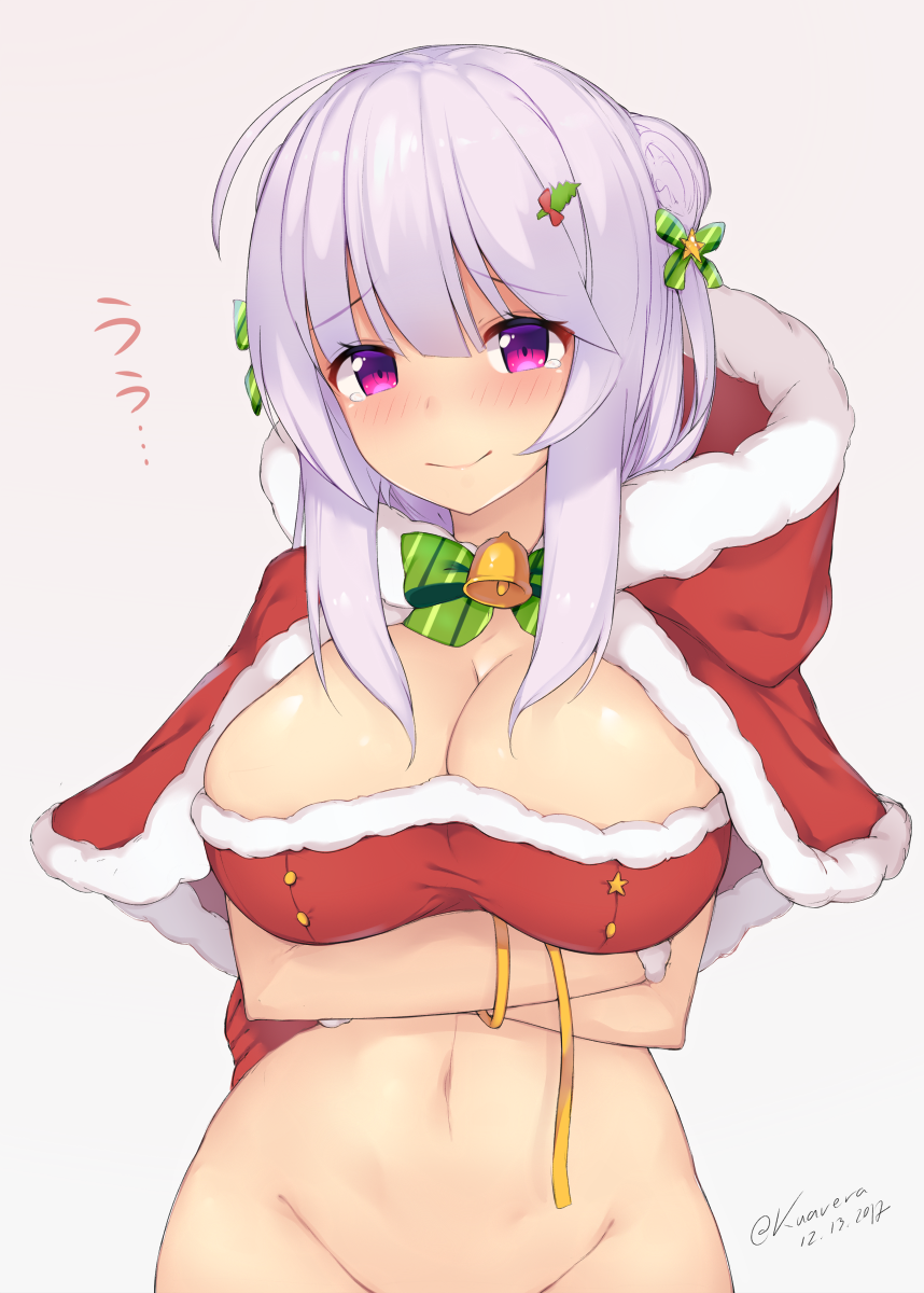 azur_lane bandeau bangs bell blush bottomless bow bowtie breast_hold breasts capelet cleavage closed_mouth cowboy_shot cygnet_(azur_lane) dated eyebrows_visible_through_hair fur-trimmed_capelet fur_trim green_bow green_neckwear groin hair_between_eyes hair_bow hair_ornament hairclip highres hood hood_down hooded_capelet kuavera large_breasts lavender_hair long_hair looking_at_viewer navel out-of-frame_censoring pink_background purple_eyes red_capelet santa_costume shiny shiny_hair shiny_skin sidelocks signature simple_background smile solo star stomach striped striped_bow striped_neckwear taut_clothes tearing_up tears twitter_username