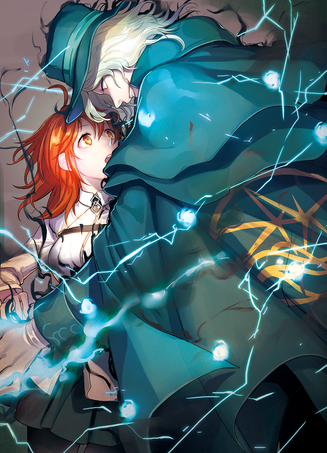 1girl :o ahoge amg_(nwmnmllf) black_legwear blue_cape blue_hat cape chaldea_uniform collared_jacket commentary_request edmond_dantes_(fate/grand_order) electricity eye_contact fate/grand_order fate_(series) fujimaru_ritsuka_(female) gloves grin hair_between_eyes hat jacket long_sleeves looking_at_another open_mouth orange_eyes orange_hair pantyhose pleated_skirt short_hair skirt smile standing top_hat white_gloves white_hair white_jacket