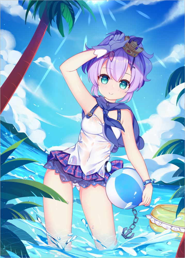 anchor arm_up ass_visible_through_thighs azur_lane ball bangs beachball blue_eyes blue_neckwear blue_skirt blue_sky blush breasts camisole chain chuor_(chuochuoi) closed_mouth cloud commentary_request covered_navel crown day dutch_angle eyebrows_visible_through_hair frills gloves hair_between_eyes hair_ribbon horizon innertube javelin_(azur_lane) looking_at_viewer medium_breasts mini_crown ocean outdoors palm_tree panties plaid plaid_skirt purple_hair purple_ribbon ribbon single_glove skirt sky smile solo standing sunlight thighs transparent tree underwear wading water wet wet_clothes white_camisole white_gloves white_panties