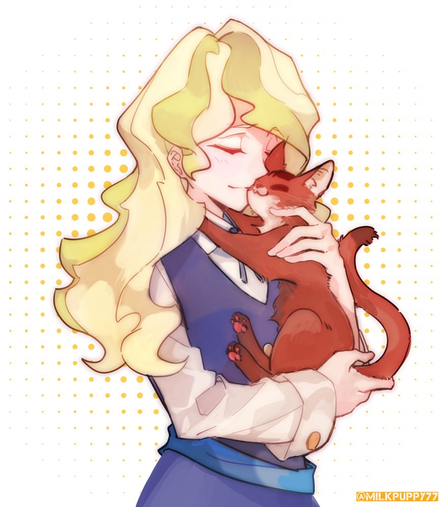 animal animal_hug artist_name bangs blonde_hair blue_vest cat closed_eyes closed_mouth collared_shirt commentary_request diana_cavendish eyebrows_visible_through_hair halftone halftone_background holding holding_cat hug little_witch_academia long_hair long_sleeves luna_nova_school_uniform milk_puppy sash shirt smile twitter_username vest wavy_hair white_background white_shirt
