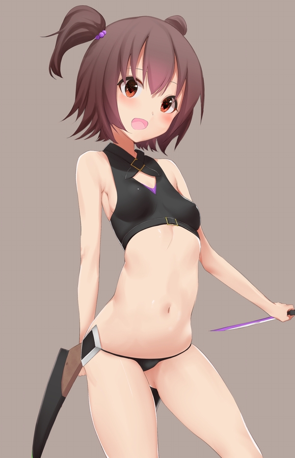 :d akagi_miria arm_behind_back ass_visible_through_thighs bare_arms bare_shoulders black_panties blush breasts brown_background brown_eyes brown_hair cosplay covered_nipples cowboy_shot crop_top dagger fate/apocrypha fate_(series) hair_bobbles hair_ornament holding holding_weapon idolmaster idolmaster_cinderella_girls jack_the_ripper_(fate/apocrypha) jack_the_ripper_(fate/apocrypha)_(cosplay) looking_at_viewer navel open_mouth panties ratsuku_kinoko short_hair simple_background sleeveless small_breasts smile solo standing stomach tareme thighs two_side_up underwear weapon