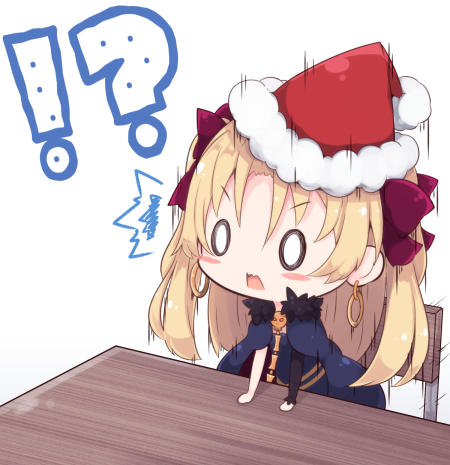 /\/\/\ 0_0 1girl arm_support bangs beni_shake blonde_hair blue_cape blue_dress blush_stickers bow cape chair chibi commentary_request dress ereshkigal_(fate/grand_order) eyebrows_visible_through_hair fate/grand_order fate_(series) fur-trimmed_cape fur-trimmed_hat fur_trim hair_between_eyes hair_bow hat long_hair long_sleeves lowres purple_bow red_hat santa_hat single_sleeve skull solo spine table two_side_up v-shaped_eyebrows white_background