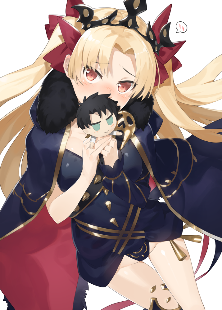 bangs blonde_hair blush brown_eyes character_doll cloak commentary_request ereshkigal_(fate/grand_order) eyebrows_visible_through_hair fate/grand_order fate_(series) fujimaru_ritsuka_(male) fur_trim hayashi_kewi leotard long_hair looking_at_viewer parted_bangs simple_background solo spoken_blush thigh_gap thighs tsurime two_side_up upturned_eyes white_background