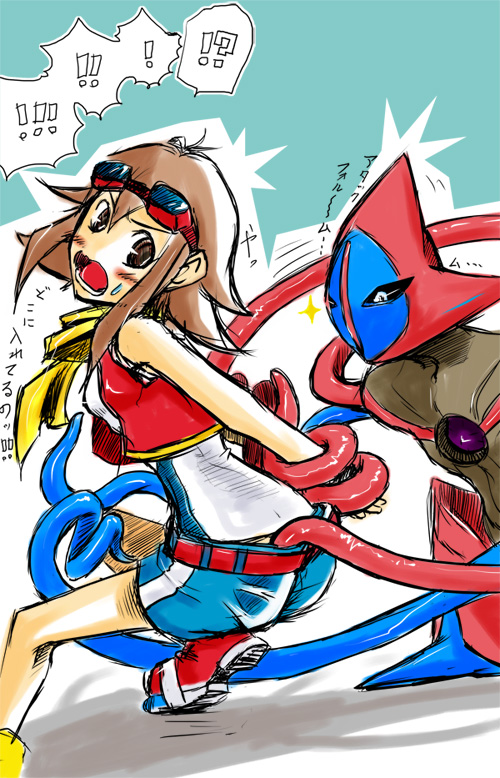 1girl artist_request bare_legs deoxys forced goggles looking_back minami_(pokemon) nintendo pokemon pokemon_(game) pokemon_ranger pokemon_ranger_traces_of_light scarf tentacle