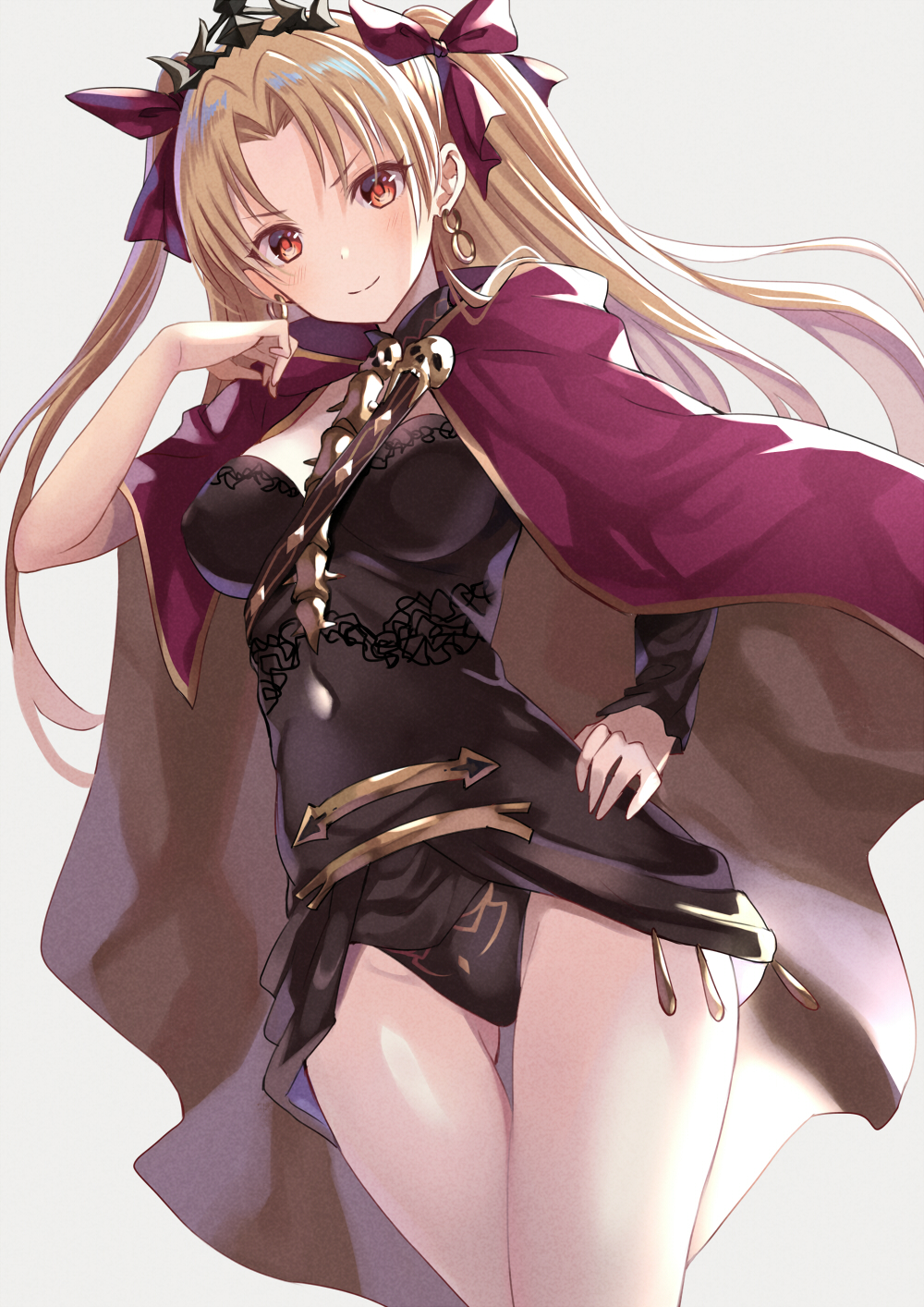 bangs black_dress black_leotard blonde_hair blush breasts cape collar commentary_request covered_navel dress earrings ereshkigal_(fate/grand_order) fate/grand_order fate_(series) grey_background hair_ribbon hand_on_hip hand_up harimoji highres hips hoop_earrings infinity jewelry leotard long_hair looking_at_viewer medium_breasts red_cape red_eyes ribbon simple_background smile spine thighs tiara