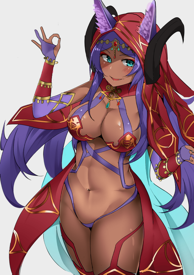 animal_ears blue_eyes blush bracelet breasts bridal_gauntlets cleavage curled_horns dark_skin ears_through_headwear fang fate/grand_order fate_(series) gem gloves head_chain hood hood_up horns jewelry large_breasts long_hair looking_at_viewer nanasumin navel partly_fingerless_gloves purple_gloves purple_hair queen_of_sheba_(fate/grand_order) revealing_clothes smile solo