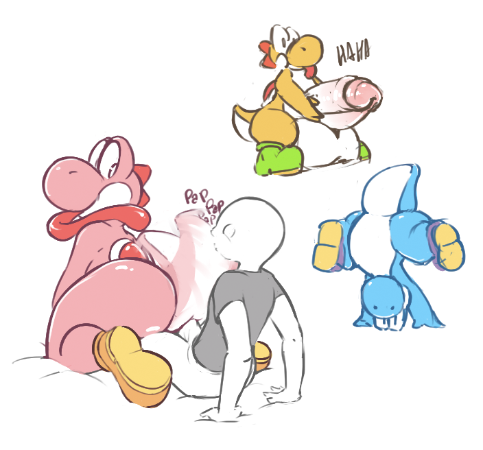 ambiguous_gender anal anal_penetration anthro balls big_balls clothing cyan_yoshi erection featureless_crotch footwear huge_balls human human_on_anthro humanoid_penis hyper hyper_balls hyper_penis interspecies long_tongue male male/ambiguous mammal mario_bros multiple_images nintendo orange_yoshi penetration penis pink_yoshi retracted_foreskin shoes slightly_chubby somnamg spread_legs spreading tongue tongue_out uncut video_games yoshi