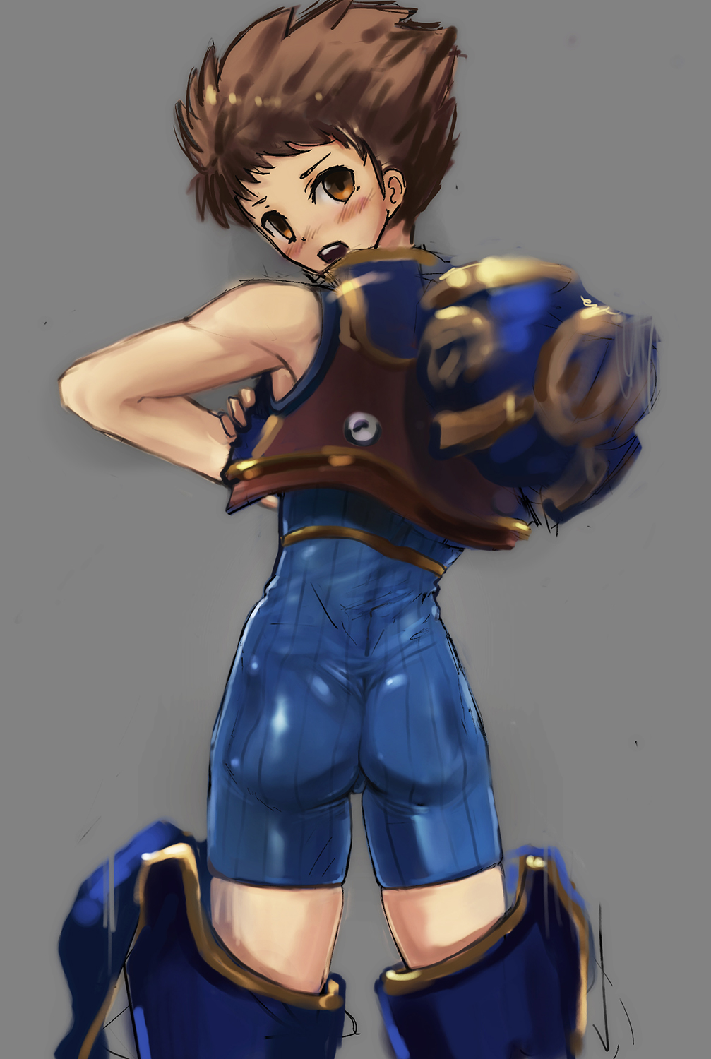1boy artist_request ass bare_shoulders blush bodysuit boots brown_eyes brown_hair from_behind looking_at_viewer looking_back male_focus open_mouth rex_(xenoblade_2) short_hair skin_tight solo thigh_boots unitard vest xeno_(series) xenoblade xenoblade_2
