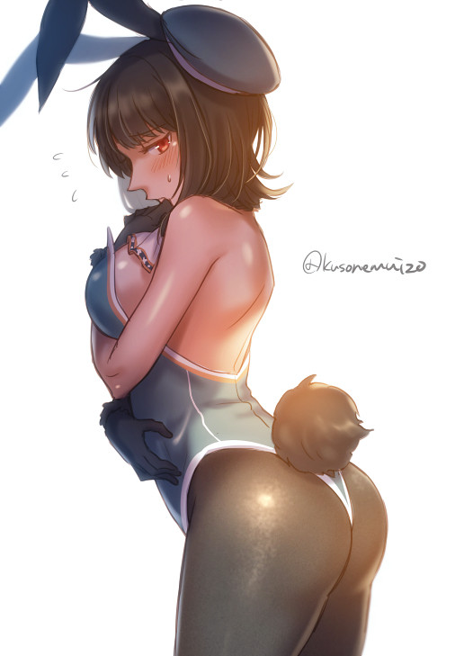 adapted_costume alternate_costume animal_ears ass bare_shoulders beret between_breasts black_gloves black_hair blue_hat blue_leotard blush breasts bunny_ears bunny_tail bunnysuit cowboy_shot embarrassed fake_animal_ears fake_tail gloves hand_on_own_chest hand_on_own_stomach hat kantai_collection leotard looking_at_viewer medium_breasts mika_(1020mk) pantyhose short_hair simple_background solo tail takao_(kantai_collection) thighs twitter_username white_background