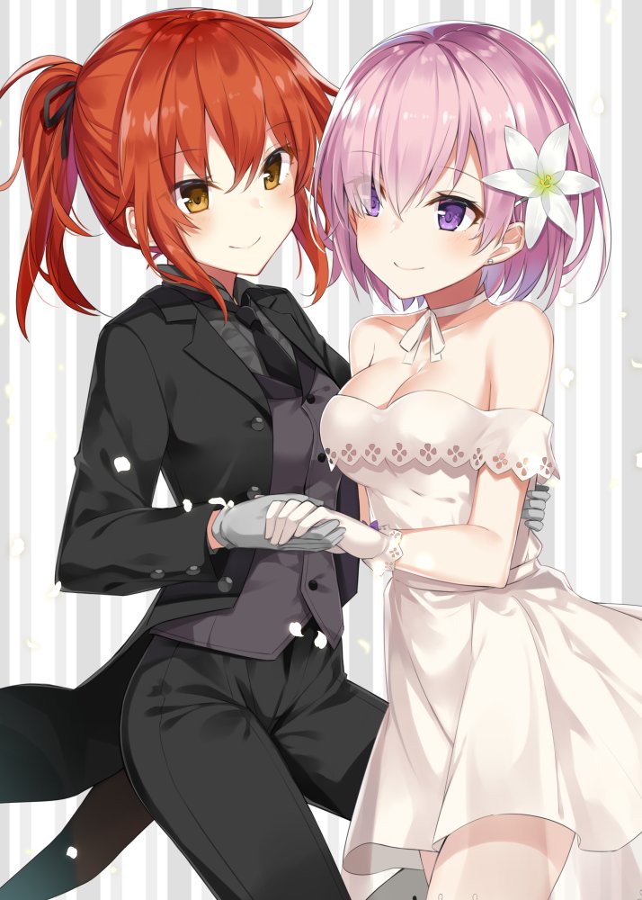 alternate_costume bangs bare_shoulders black_jacket black_neckwear black_pants black_ribbon breasts choker cleavage closed_mouth dress earrings eye_contact eyes_visible_through_hair fate/grand_order fate_(series) flower formal fujimaru_ritsuka_(female) gloves grey_gloves hair_flower hair_ornament hair_over_one_eye hair_ribbon hand_on_another's_back holding_hands jacket jewelry long_sleeves looking_at_another mash_kyrielight medium_breasts multiple_girls necktie open_clothes open_jacket orange_hair pant_suit pants petals pink_hair ponytail purple_eyes ribbon ribbon_choker shiny shiny_hair short_hair smile standing straddling striped striped_background stud_earrings suit takehana_note tareme vertical-striped_background vertical_stripes white_choker white_dress wing_collar yellow_eyes yuri